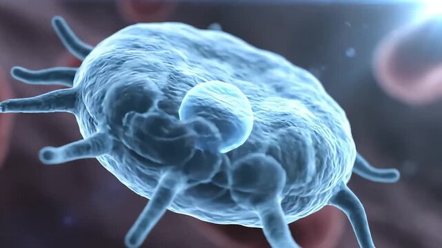 Dynamic 3D animation of a microscopic blue organism with pseudopods and a budding particle illustrating cellular biology virus or bacterial processes in a medic