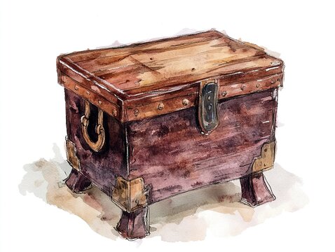 Antique Wooden Chest Watercolor Painting of a Dark Brown Trunk with Brass Accents and Short Legs