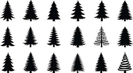 Stylized pine tree silhouette vector set with abstract shapes, forest icons, holiday design elements, and geometric nature illustration styles