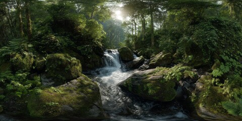 Fototapeta premium Hdr 360-degree panoramic scene of gentle waterfall in lush nature environment