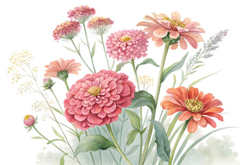 Watercolor zinnia flowers isolated on transparent background
