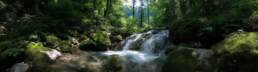 Fototapeta premium Serene waterfall scene in lush forest hdr 360-degree panoramic view nature photography