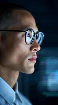 A close-up captures a sharp, bespectacled man intensely focused, reflecting the deep concentration required for technological advancement.