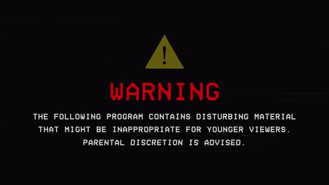 A retro vintage old VHS tape, screen capture with noise and distortion, showing a warning message. 4k video animation