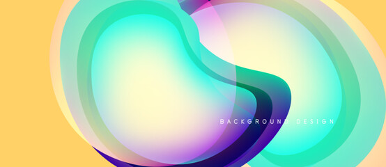 Abstract fluid shapes overlap, creating vibrant color gradients. Soft yellow background complements flowing design elements. Modern aesthetic.