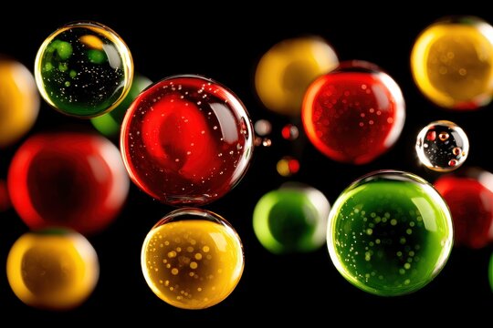Colorful Liquid Droplets Floating Against a Black Background