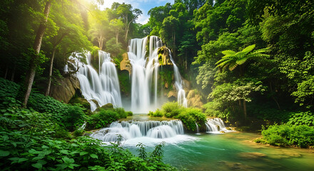 Obraz premium Majestic Waterfall Cascading Through Vibrant Jungle Paradise Landscape