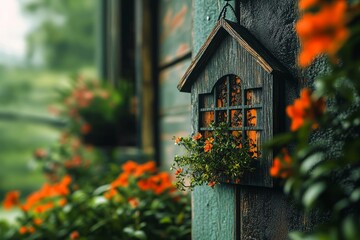 Charming rustic birdhouse adorned with vibrant orange flowers, creating a cozy and inviting garden scene for nature lovers and peaceful sanctuaries