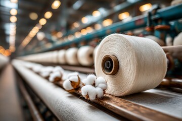 A cotton bobbin sits with raw cotton in a textile mill
