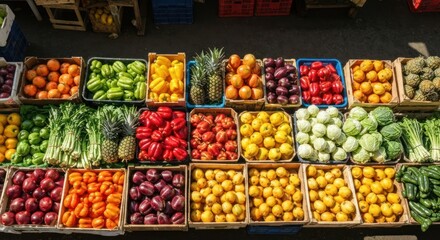 Colorful produce display at a market.  Boxes of vibrant fruits and vegetables in a variety of colors.  Overhead view
