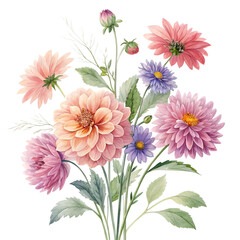 Watercolor bouquet of colorful flowers isolated on transparent background