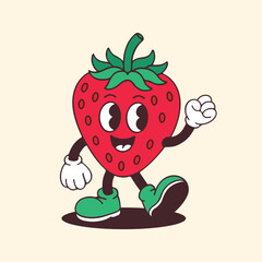 Strawberry Retro Mascot Vector Illustration – Funny Cartoon Fruit Character Design