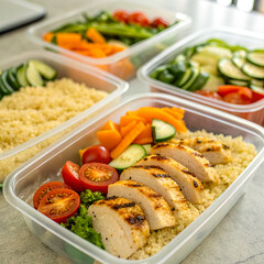 Healthy meal prep containers with grilled chicken, couscous, and fresh vegetables for a balanced lifestyle and convenient nutrition on the go