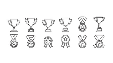 Collection of hand-drawn trophies and medals celebrating victory and achievement in sports and competitions vector