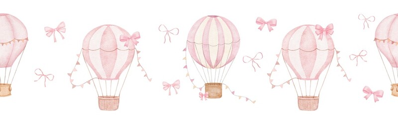Seamless watercolor border with pink hot air balloons and bow, hand drawn repeating illustrations on white background for girl