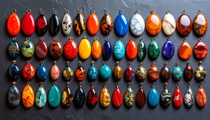 Colorful gemstone bead jewelry displayed on textured surface, highlighting vibrant hues, polished stones, and intricate patterns for craft, style, or design inspiration.
