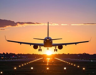Silhouette of a plane landing at sunset