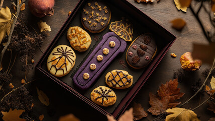 Halloween-themed cookies displayed in a decorative coffin box. The cookies are decorated with orange and black icing, surrounded by candles and dark foliage.