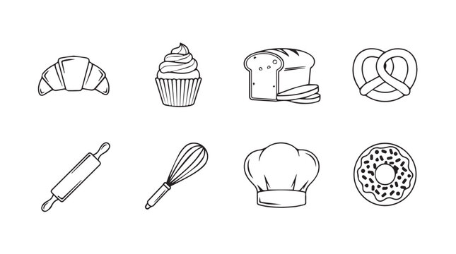 Hand drawn bakery collection featuring croissant cupcake bread pretzel rolling pin whisk chef hat and donut vector