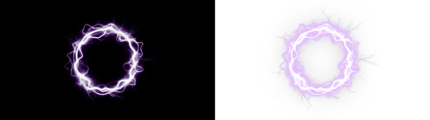 A vibrant purple and a bright white lightning circle on a dark black background © VALENTYNA