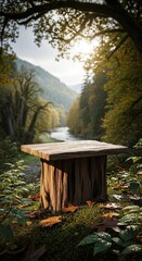Rustic Wooden Table Podium in a Serene Forest by a River.