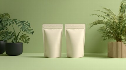 Beige Stand-Up Pouches with Resealable Tops Surrounded by Green Plants on Light Green Surface in Eco-Friendly Product Display Composition