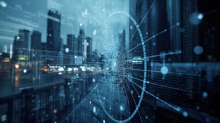 Fototapeta premium Neural networks analyzing big data streams with futuristic city backdrop. Digital screens, servers, and glowing AI elements in muted blues and whites.