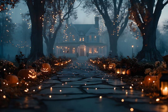 Enchanting Halloween Night Pathway with Glowing Jack-o'-Lanterns and Spooky Atmosphere