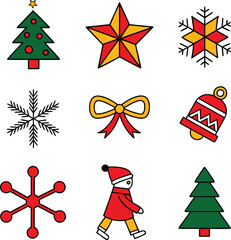 Christmas and Winter Holiday Icons Set, Flat Color Illustration vector