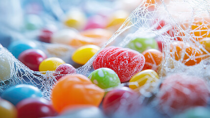 A colorful Halloween candy table covered with a spider web. Various candies in bright colors are scattered around.