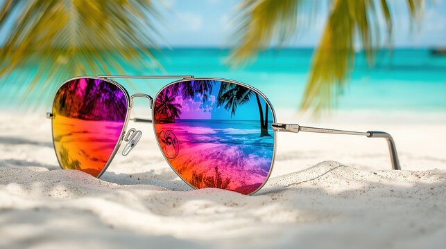 Stylish aviator sunglasses with tropical beach reflections of palm trees and turquoise water. Sleek design in sharp focus with blurred background. - Powered by Adobe