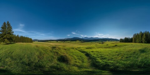 Exported hdr panoramic scene of a lush grassland under a clear sky