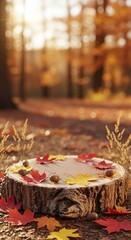 Autumn forest scene with tree stump and colorful leaves.