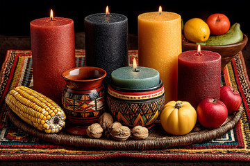 Autumn Harvest Decor with Colorful Candles and Seasonal Fruits for Thanksgiving