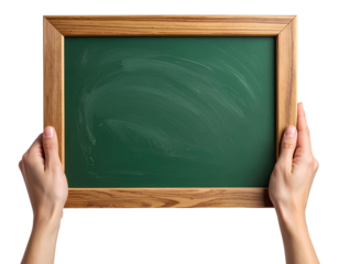 Hands Presenting Small Green Chalkboard with Wooden Frame, Transparent Background