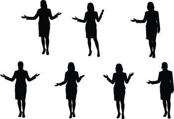 Multiple black silhouettes of a professional businesswoman or speaker gesturing with open hands, presenting, explaining, or welcoming, isolated on white.