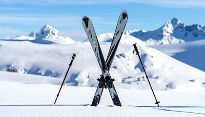 Skis poles snow mountain landscape under blue sky, capturing winter adventure and alpine scenery, perfect for travel, sport, or outdoor themes.