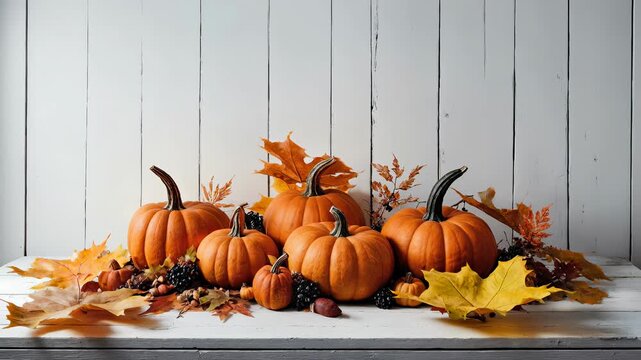Pumpkin display with autumn leaves and decorative elements for seasonal celebration