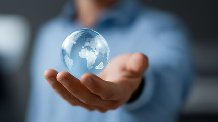 Futuristic holographic sphere in human hand with neon digital network grid and glowing global technology icons on blue background