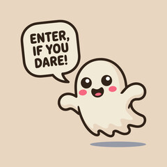 Obraz premium Cute cartoon ghost with rosy cheeks playfully dares you to enter its spooky realm, perfect for Halloween greetings and fun invitations.