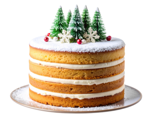 Layered Christmas Cake with Icing Sugar and Festive Ornaments, Transparent Background