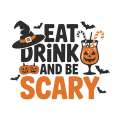 Fototapeta premium Celebrate Halloween with a spooky witch hat, pumpkins, and a festive jack o'lantern drink encouraging you to eat, drink, and be scary.