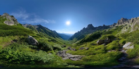 Stunning hdr 360-degree panoramic view of a mountain valley in nature