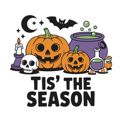 Fototapeta premium Spooky Halloween fun with grinning pumpkins, bubbling cauldron, skull, candle, and flying bat under a crescent moon, perfect for festive celebrations.