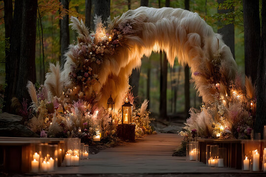 Romantic Forest Wedding Arch with Candlelit Pathway for Outdoor Ceremony Decoration