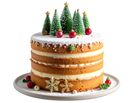 Layered Christmas Cake with Icing Sugar and Festive Ornaments, Transparent Background