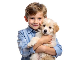 Little Boy Embracing Cute Puppy with Affection, Transparent Background
