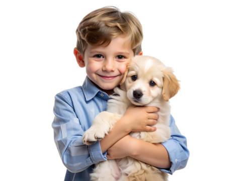 Little Boy Embracing Cute Puppy with Affection, Transparent Background