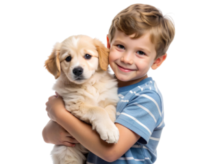 Little Boy Embracing Cute Puppy with Affection, Transparent Background