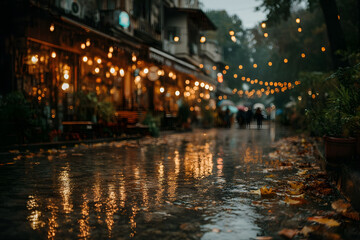 Fototapeta premium Cozy Urban Street with Glowing String Lights on a Rainy Evening for Poster Design